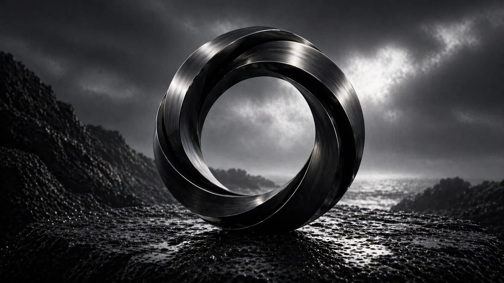 An Onyx artifact suspended over dark water at the edge of a storm